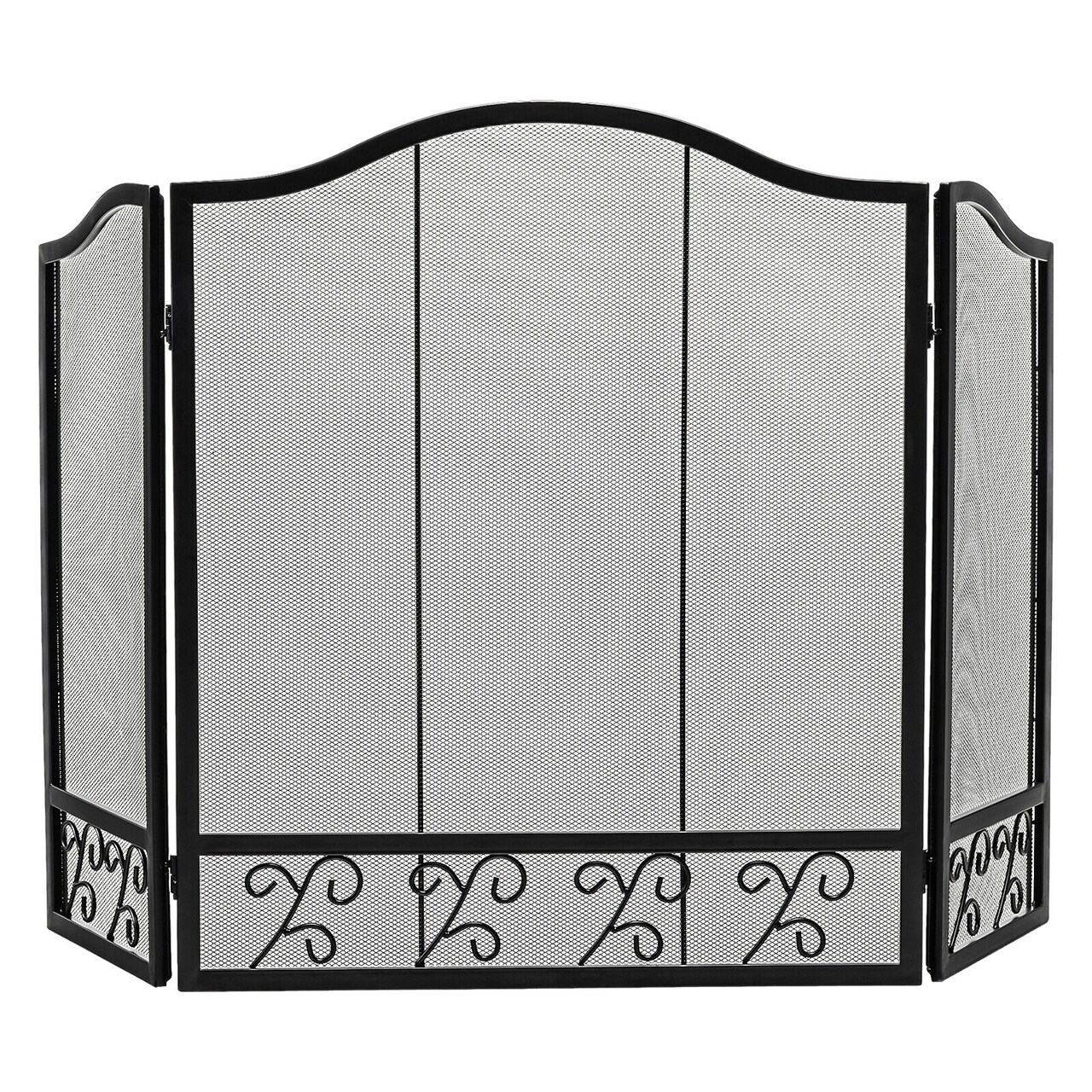 3-Panel Black Steel Fireplace Screen Decorative Spark Guard